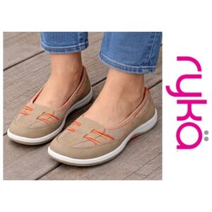 Ryka Tango Womens Leather Tan Coral Stretch Bungee SlipOn Flat Loafers Size 8.5W